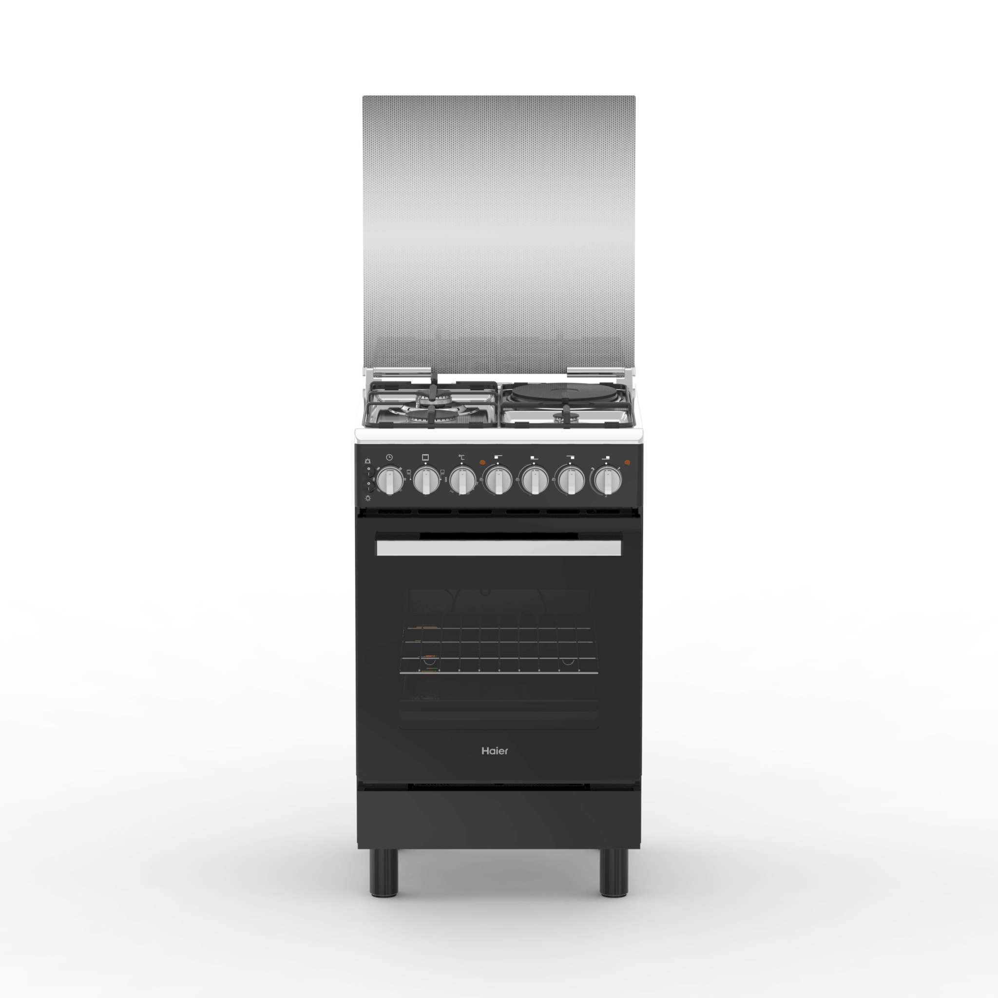 Haier 50x60 Gas Cooker with Electric Oven, Matte Black, model HRE5313CDTMB