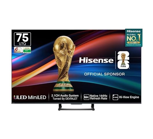 Hisense 75U7Q Pro 75″ Smart 4K ULED Mini-LED TV, model 75U7Q, on display at BrianHub Electronics