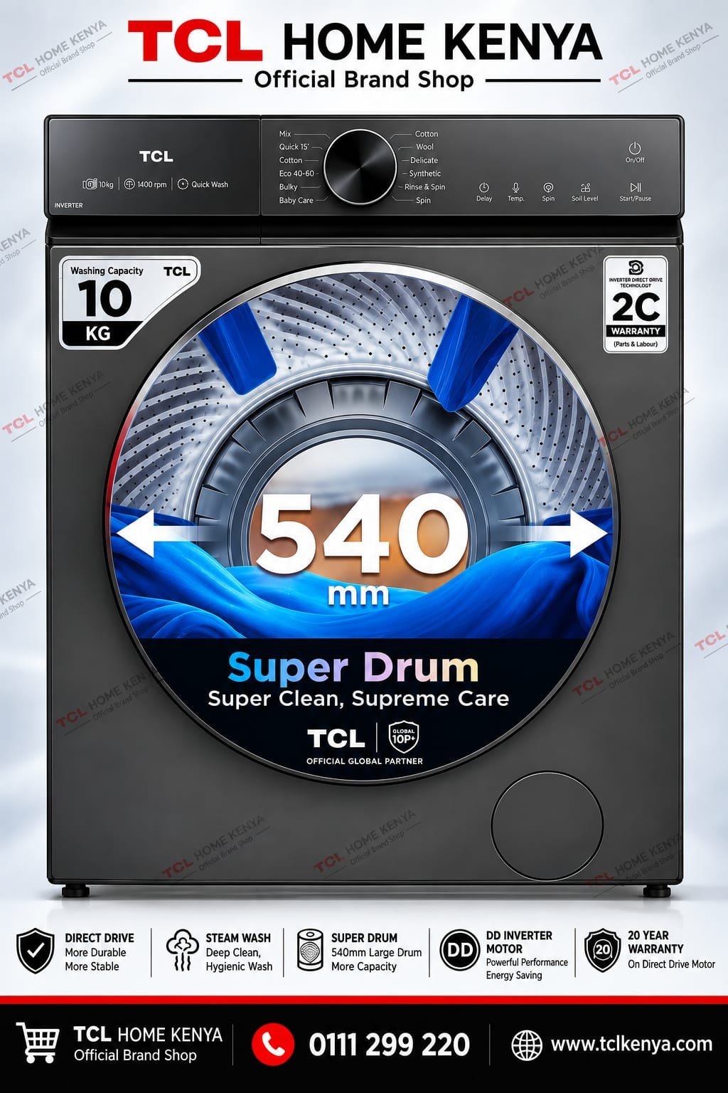 TCL Super Drum C510FLG 10KG Wash & Spin Washing Machine with Wi-Fi, model C510FLG, on display at BrianHub Electronics